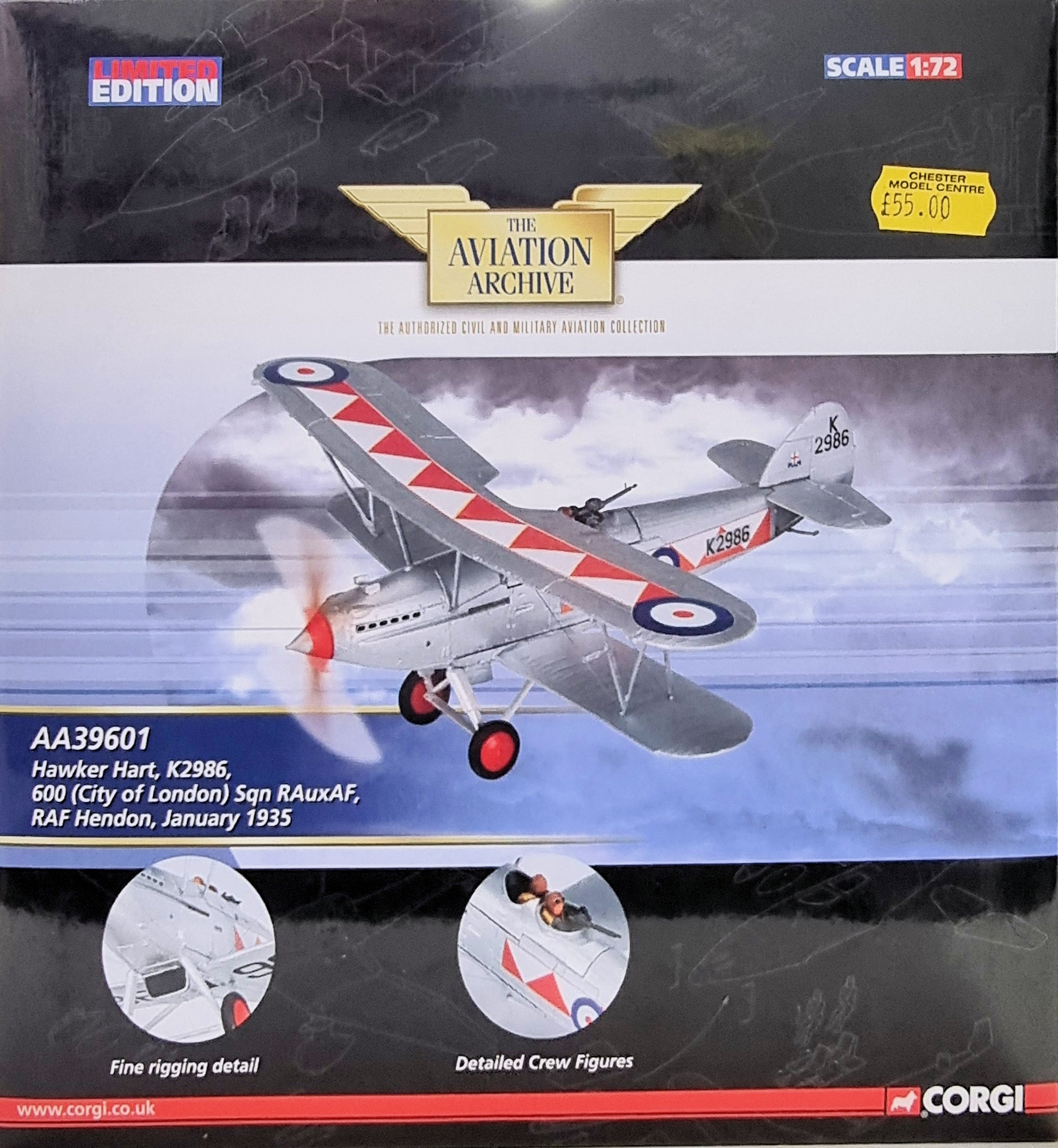 Corgi AA39601 Hawker Hart Mk I Diecast Model RAF No.600 Sqn, K2986, RAF Hendon, London, 1935 - Chester Model Centre